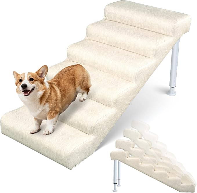 DoCred Adjustable Pet Stairs for Beds & Sofas - 6 Step 21.2"-24.4" H Non-Slip Dog Stairs for Small to Medium Dogs & Cats, Supports up to 150 lbs - Linen Faux Leather Dog Steps