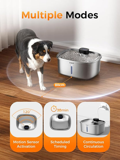 Water Fountain for Dogs Home Outdoor Multi-Pet Stainless Steel 10L/2.64gal Wireless Large Dogs Motion Sensor Dispenser Filtered Cordless Bowl Waterer -Wireless Stainless Steel&8Filters