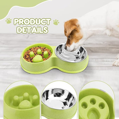 Pets Double Slow Feeder Bowls, Cats & Dogs Food Water Bowls, Stainless Steel Puppy Food and Water Dishes Non-Skid, Pet Feeding Bowl for Small Dogs Puppy Cat (Green)