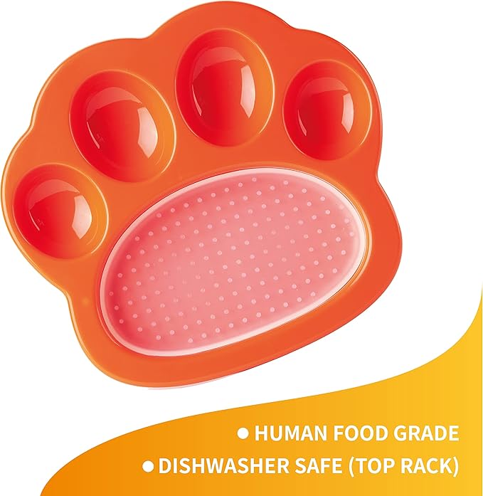 PetDreamHouse PAW 2-in-1 Mini Slow Feeder Dish & Lick Pad for Small Dogs, Puppies & Cats, Paw-Shaped Slow Feeding Dish with an Interchangeable PAW Lick Pad., Orange, 1 Count (Pack of 1)