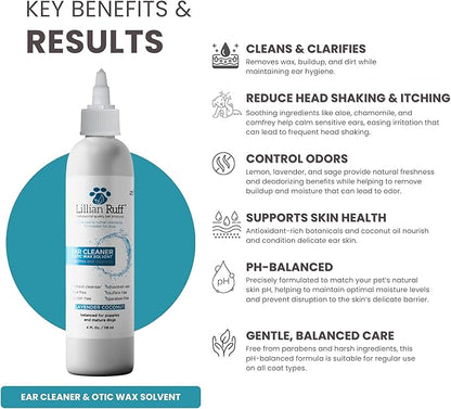 Lillian Ruff Ear Cleaner & Otic Wax Solvent for Dogs with Tea Tree Oil, Bee Propolis & Aloe - Coconut and Lavender Scent - Dissolve Wax and Combat Ear Odors - Safe for Sensitive Ears (4oz)