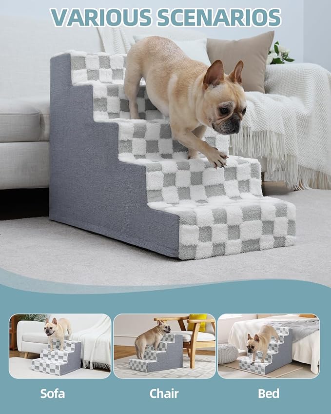 KSIIA Dog Stairs for Small Dogs & Cats Pet Stairs Supportive 5-Tier Pet Steps for Bed Couch Sofa Chair, No-Slip Cat Steps with Removable Washable Cover, 30" D x 16" W x 22" H, Grey