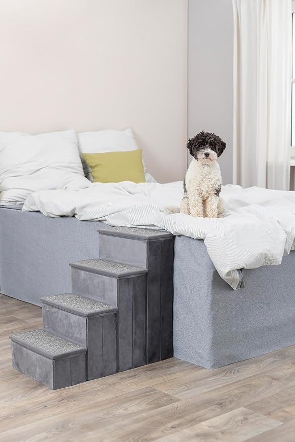 Trixie Velour Dog Stairs with Tread Steps - 4 Step Pet Stairs for Beds and Couches - Foldable with Additional Storage Space - Gray