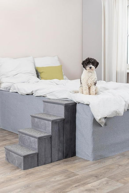 Trixie Velour Dog Stairs with Tread Steps - 4 Step Pet Stairs for Beds and Couches - Foldable with Additional Storage Space - Gray