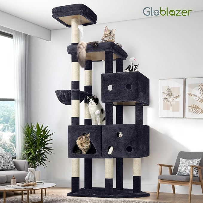 Globlazer Extra Large Cat Tower, 81-inch Tall Cat Tree for Big Cats 20 lbs, XXL Heavy Duty Cat Scratching Tower for Indoor Adult Cats with 3 Cat Condos, 8 Scratching Posts, F81, Dark Grey