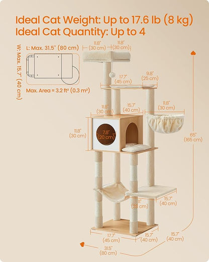 Feandrea Cat Tree, 65-Inch Tall Cat Tower, Multi-Level Condo with Cave, Basket, Hammock, Pompom, Scratching Posts, Almond Yellow UPCT118Y01