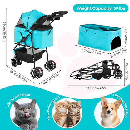 Pet Stroller,Dog Stroller for Small Medium Dogs Cats,3 Wheels,Foldable,with Breathable Mesh Canopy,Cup Holders,Easy Assembly,Mint Green