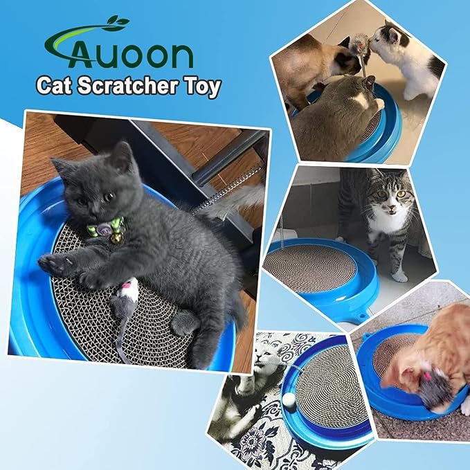 AUOON Cat Scratcher Toy with Ball Track - 3 in 1 Interactive Cat Toy, Cat Scratch Pad with Cat Ball Toy and Plush Cat Mouse Toy for Indoor Cats and Kittens (Gray)