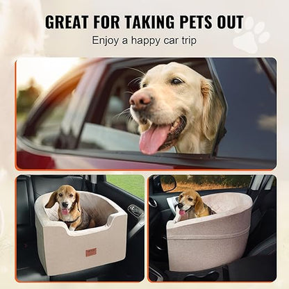 VEVOR Dog Car Seat, Waterproof Dog Booster Seat for Car with a Storage Pocket, Clip-On Safety Leash and Sponge Filling, Pet Bed for Small & Medium Dogs up to 55lbs, Brown