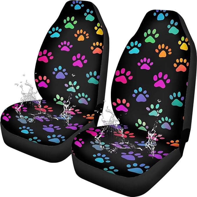 Colorful Dog Paws Car Seat Covers Waterproof Front Seat Covers Easy Installation Stretch Polyester Fabric Cover Protection Interior Accessories Universal Fit Most Cars,SUV, Trucks