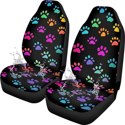 Colorful Dog Paws Car Seat Covers Waterproof Front Seat Covers Easy Installation Stretch Polyester Fabric Cover Protection Interior Accessories Universal Fit Most Cars,SUV, Trucks