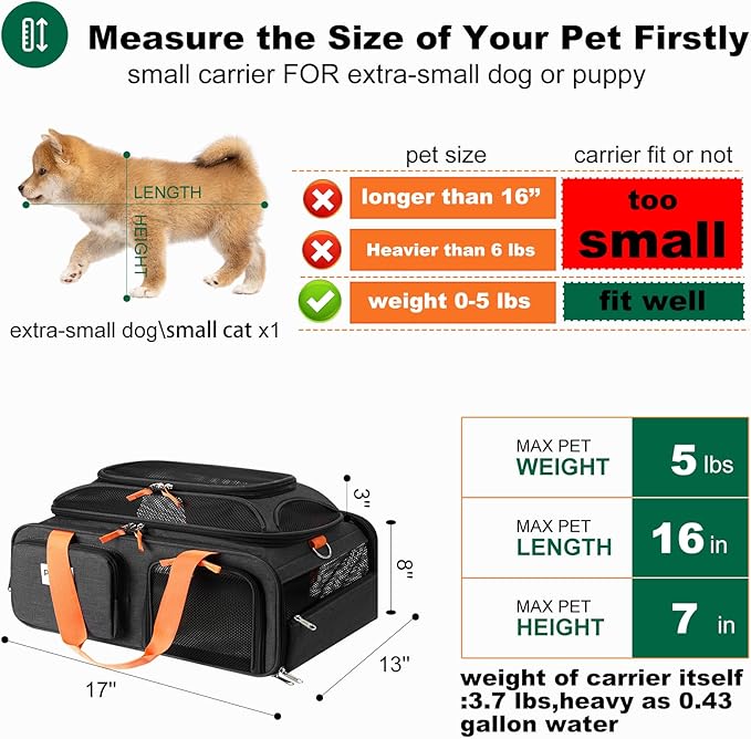 17x13x8 Frontier Allegiant Breeze Airlines Approved top Expandable pet Carrier for Extra-Small Dog/Small cat,Weight up to 5 lbs,Length Shorter Than 16''