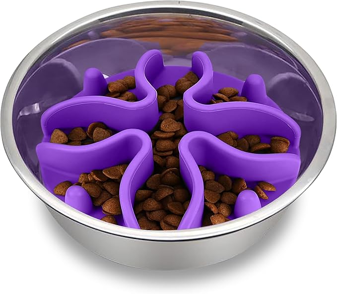 Palz&Co Paw Puzzles Slow Feeder Dog Bowl Insert - 5" Round Silicone Insert for Medium Pet Bowls, Purple - Promotes Healthier Eating & Mental Stimulation, Dishwasher & Freezer Safe