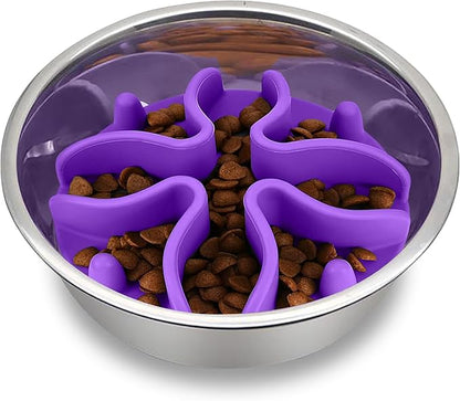 Palz&Co Paw Puzzles Slow Feeder Dog Bowl Insert - 5" Round Silicone Insert for Medium Pet Bowls, Purple - Promotes Healthier Eating & Mental Stimulation, Dishwasher & Freezer Safe