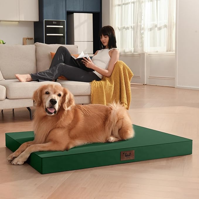 Outdoor Extra Large Dog Bed, Waterproof Dog Bed for Large Dogs, Orthopedic Egg Crate Foam Pet Bed with Washable Removable Oxford Cooling Cover, 44x32 Inch, Dark Green