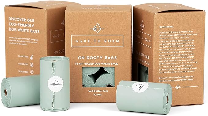 MADE TO ROAM On Dooty Bags - Plant Based Dog Poop Bag Rolls, Extra Thick, Leak Proof, Unscented Dog Waste Bags (Set of 3 Boxes, 270 Bags Total) - Washington Rain