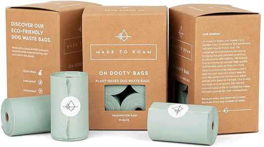 MADE TO ROAM On Dooty Bags - Plant Based Dog Poop Bag Rolls, Extra Thick, Leak Proof, Unscented Dog Waste Bags (Set of 3 Boxes, 270 Bags Total) - Washington Rain
