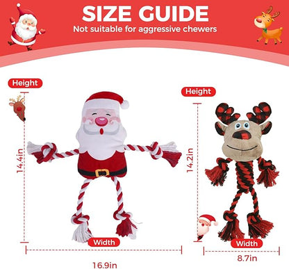 PAWCHIE Dog Christmas Toys 2 Pack,Squeaky Chew Dog Toy Interactive Puppy Toys,Soft Pet Plush Teething Pet Rope Toys Santa Claus Reindeer Shape for Boredom, for Small Medium Dogs,Red