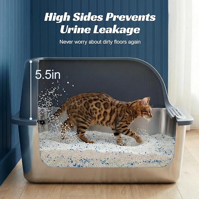 Stainless Steel Cat Litter Box with High Sided Lid, Metal Kitty Litter Box with Scoop for Small & Medium Cats, Anti-Urine Leakage, Easy to Clean, Non-Sticky, Grey