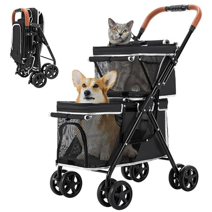 Double Pet Stroller for Dogs and Cats, One-Hand Folding Dog Stroller Travel Carriage for Small Medium Dogs Cats, 4 Wheels, Black