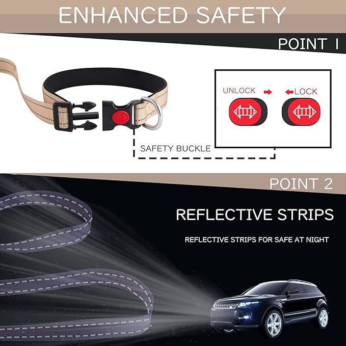 Hands Free Waist Leash for Dogs, Adjustable Heavy Duty Reflective Bungee Elastic Leash with Car Seat Belt 5-7FT Khaki