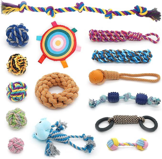 15-Piece Heavy Duty Dog Rope Toys for Large Aggressive Chewers, Indestructible Teeth Cleaning Tug of Toy, Knot + Toy Ball + Bell-Equipped Mini Frisbee.