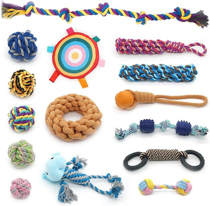 15-Piece Heavy Duty Dog Rope Toys for Large Aggressive Chewers, Indestructible Teeth Cleaning Tug of Toy, Knot + Toy Ball + Bell-Equipped Mini Frisbee.