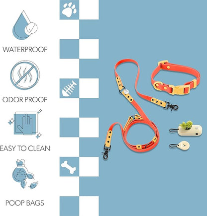 WLK1004A-5SET Luna Small 8FT Adjustable 6-in-1 Waterproof Hands-Free Leash and Collar with LED Flashlight, Bag Dispenser, and Poop Bag Holder, Aperol