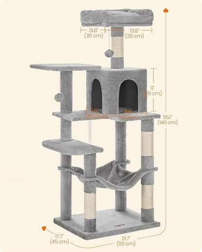 Feandrea Cat Tree, 55.1-Inch Cat Tower, Plush Multi-Level Condo with 4 Scratching Posts, 2 Perches, Hammock, Cave, Light Gray UPCT161W01