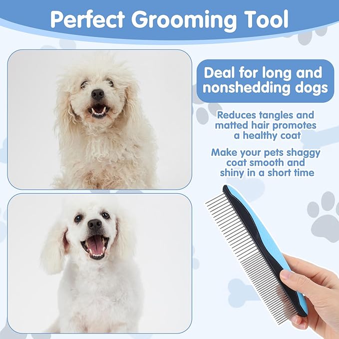 Metal Dog Comb, Stainless Steel Teeth Dematting Comb for Dogs Cats, Dog Grooming Combs, Pet Hair Combs for Removing Knots Mats Tangles Home Grooming Tool