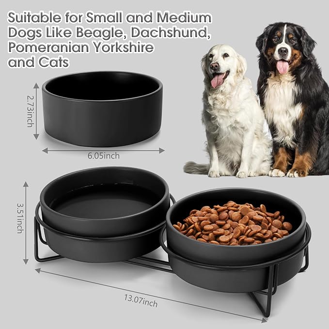 Ceramic Dog and Cat Bowl Set with Stand, 3.6 Cups Dog Food and Water Bowl Suitable for Small and Medium Pets (28.7oz Black)