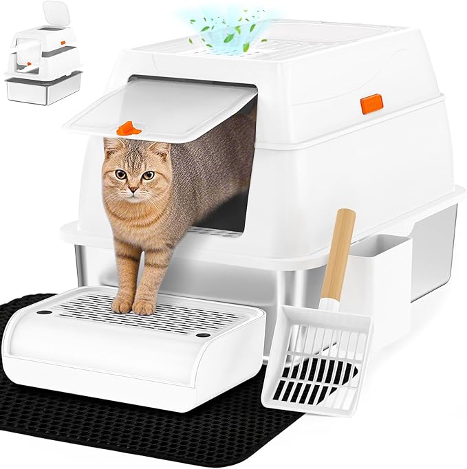 Vivifying Stainless Steel Litter Box with Lid, XL Front Entry Enclosed Extra Large Litter Box for Big Cats & Kitty, Top Exit Metal Cat Pan with Scoop, Mat, Footboard, Charcoal Filter (White)