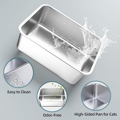 Stainless Steel Cat Litter Box - Large Metal High-Sided Pan for Cats, Pets, Non-Stick, Odor-Free, Easy to Clean, Splash-Proof, Durable (23.6" L x 15.8" W x 6" H)
