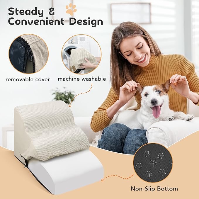Mestuel Dog Stairs for Small Dogs, Pet Stairs Steps for Couch Sofa Bed, 3-Tiers Dog Stairs Ramp Ladder to Sofa Bed, Pet Stairs Steps for Old Injured Dogs Cats, Non Slip Bottom, Beige