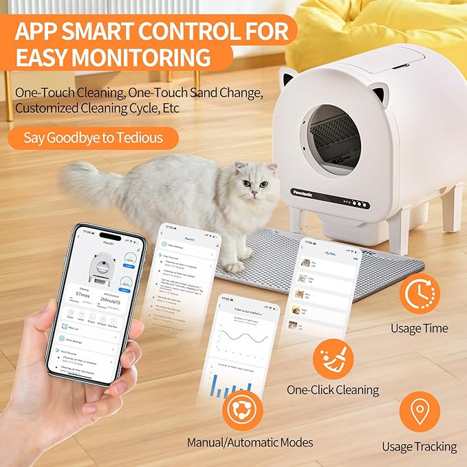 68 L Self Cleaning Litter Box, Automatic Cat Litter Box for Multiple Cats, Robot with Dual Safety Protection, APP Control, Odor Removal Smart Litter Boxes, 2 Roll Trash Bags