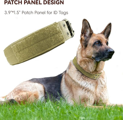Heavy Duty Dog Collar for Large Dogs, Tactical Dog Collars with Metal Buckle & D Ring, 1.5" Width Thick Adjustable Nylon Collar for Medium Dogs, Khaki/M
