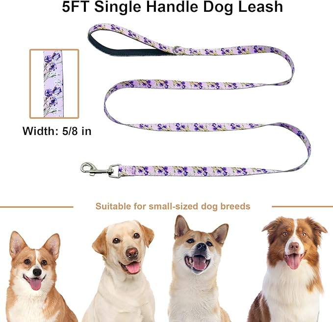 Dog Leash for Small Dogs, 5ft Dog Lead with Padded Handle, Cute Purple Dog Leash for Walking, Lavender Lily
