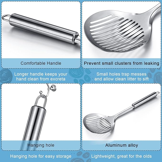 Meanplan 2 Pcs Cat Metal Litter Scoop Litter Scoop, Cat Accessories Scooper Stainless Steel Kitty Poop Sifting Cleaning for Litter Box, Metal Poop Sifter Pet Supplies
