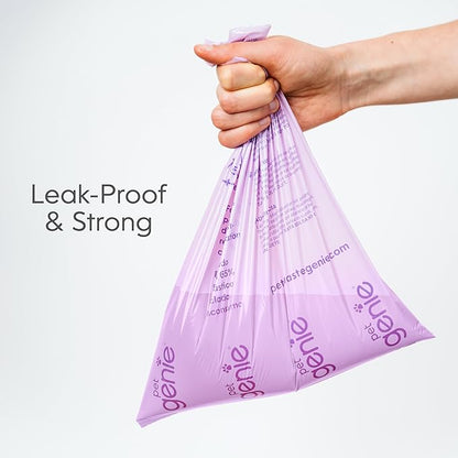 Pet Genie - On-the-Go Dog Poop Bag Dispenser for Leash - Compact & Easy to Use Device for Pet Supplies with 2-Point Secure Attachment, Includes 1 Roll (15 count) of Scented Poop Bags, (Lavender Scent)