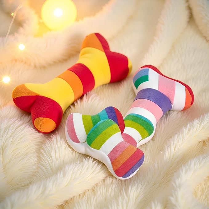 2Pcs Colorful Dog Plush Vocal Toy Rainbow Dogs Bone-Shape Chewing Toy Pet Supplies for Pet Playing Use Adorable Quality and Practical Attractive and Professional Dog Chew Toys