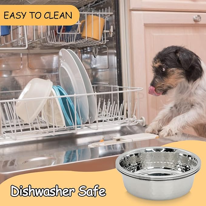 Fhiny 3 Pack Hammered Stainless Steel Dog Bowls, 8 Cups/64 Oz Premium Metal Puppy Feeder Bowl Set for Raised Feeding Station Basic Kitten Food & Water Dishes for Small & Medium Pets Dishwasher Safe