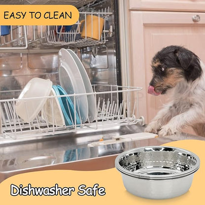 Fhiny 3 Pack Hammered Stainless Steel Dog Bowls, 8 Cups/64 Oz Premium Metal Puppy Feeder Bowl Set for Raised Feeding Station Basic Kitten Food & Water Dishes for Small & Medium Pets Dishwasher Safe