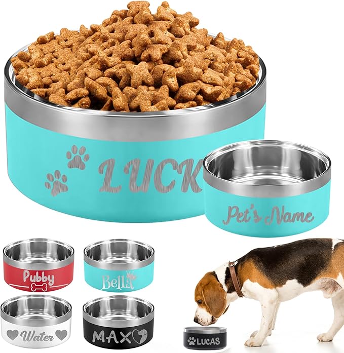 Personalized Dog Bowl Custom Dog Bowls with Name Customized Laser Engraved Stainless Steel Pet Dishes for Large Small Dogs Cat 32/42/64oz Feeding Supplies-Blue 32oz