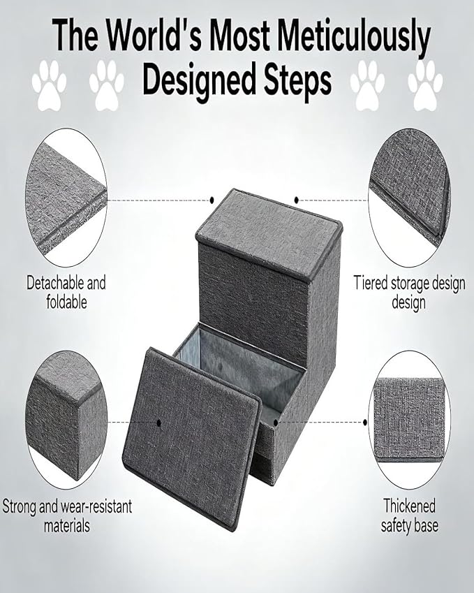 Dog Stairs with Storage, 3-Step Pet Stairs for Small & Medium Dogs and Cats, Dog Steps for Bed, Detachable & Reconfigurable Design, Anti-Slip Steps, Sturdy 132lbs Support, Ideal for Bed, Sofa & Window