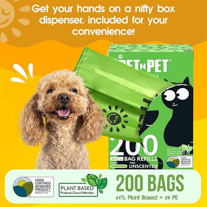 Pet N Pet 200 Counts Unscented Dog Poop Bags Rolls with Tie Handles, 41% Plant Based & 59% PE Poop Bags for Dogs, Extra-Thick Doggie Poo Bag, Pet Waste Bag