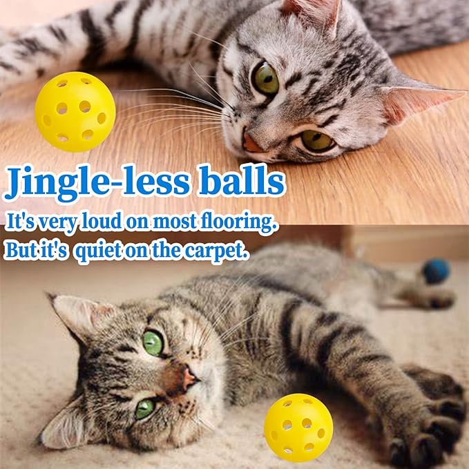 12Pcs Cat Ball Toy, Low Noise No Bells Holey Plastic Cat Balls, Funny Interactive Cats Toys for Indoor Cats, Firm Toy Balls for Kitten Puppy Ferret Bird (1.65", Yellow)