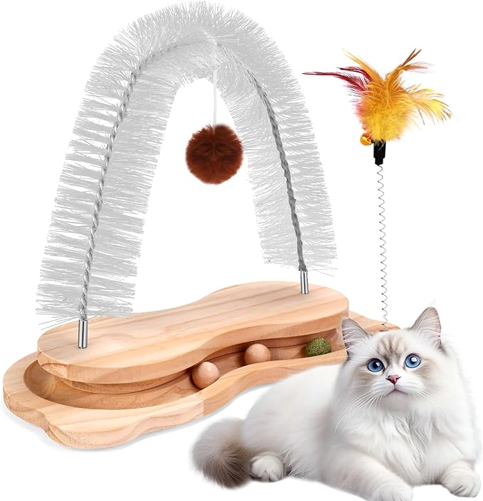 Cat Self Groomer, Cat Brushes for Indoor Cats Self Grooming Face Back Scratcher Rubbing Arch Post Corner Massager w/ Kitten Interactive Catnip Ball Track Toy Must Haves for Chasing Hunting Exercise