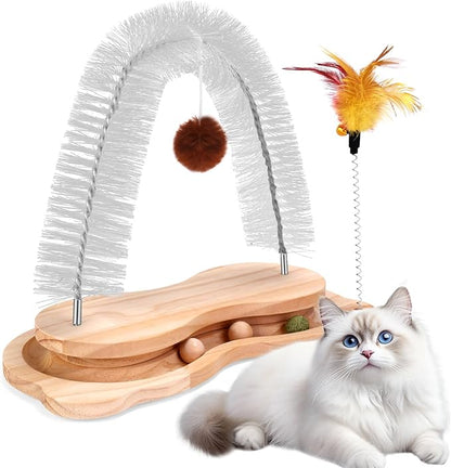 Cat Self Groomer, Cat Brushes for Indoor Cats Self Grooming Face Back Scratcher Rubbing Arch Post Corner Massager w/ Kitten Interactive Catnip Ball Track Toy Must Haves for Chasing Hunting Exercise