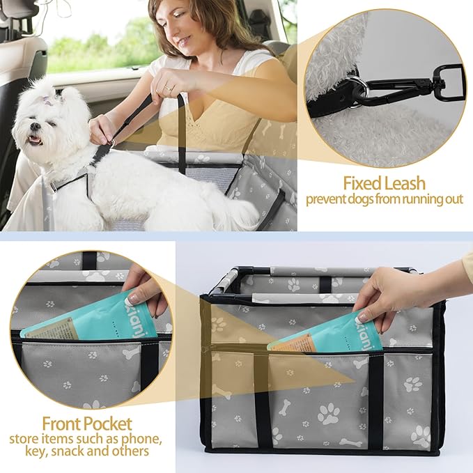 PetsHome Dog Car Seat Foldable Dog Car Booster Seat Waterproof Breathable Oxford Travel Bag for Small to Medium Dogs, Puppies, and Pets-Pattern Grey-Upgrade