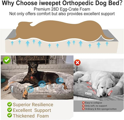 Fluffy 3.7 inch Thickened Orthopedic Dog Beds for Large Dogs, Supportive Dog Sofa Bed with 28D Egg-Crate Foam, Removable Washable Plush Cover, Waterproof Lining, Cozy Oval Design, Grey